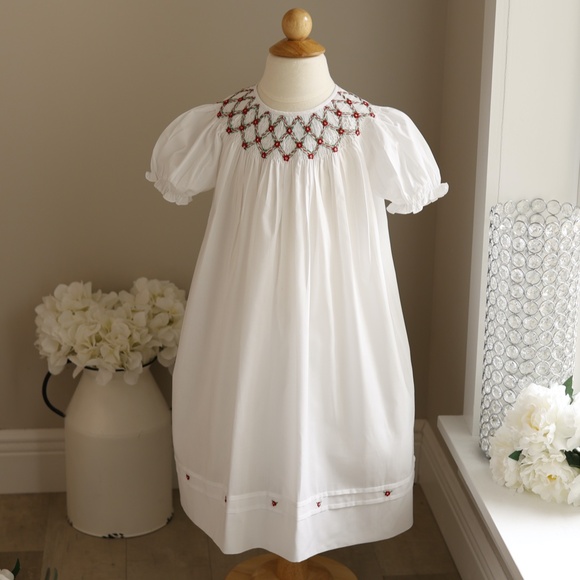 White Smocked Feltman Brothers Bishop Dress Red Green Embroidery NEW With Tag - Picture 3 of 6